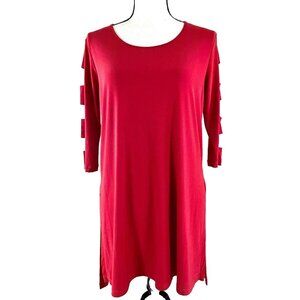 Clara Sun Woo Tunic Ladder Cut Out Sleeve Red Stretchy Blouse Slit VERY EUC S